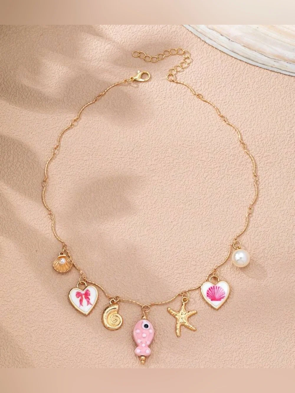 Gold-Plated Pink Shell & Charm Necklace A1697